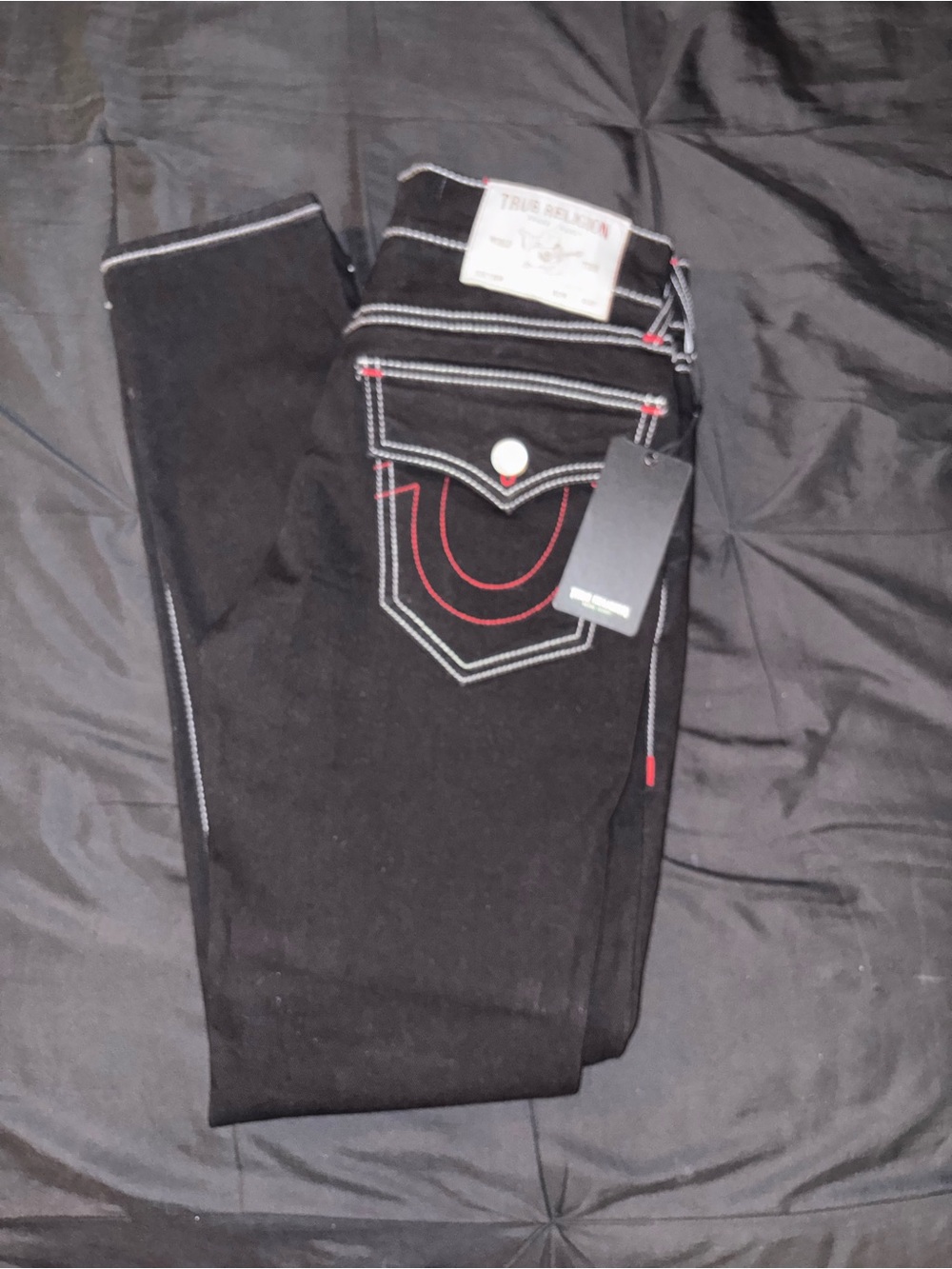 True Religion Men's Black Jeans with Red & White Contrast Stitching